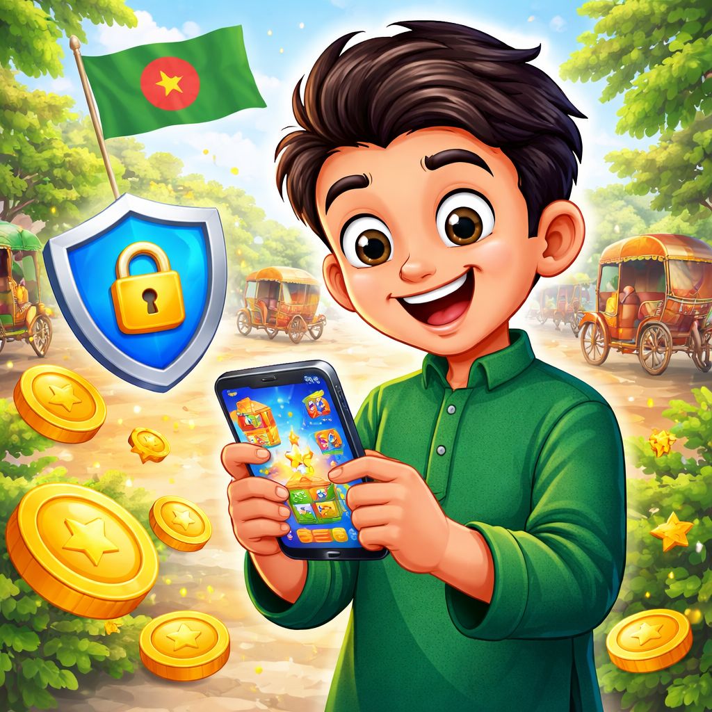 Cartoon mobile gamer holding a phone with fbajee app icons and reward coins