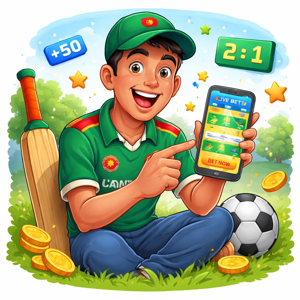 Cartoon sports fan using a mobile betting app with cricket and football icons