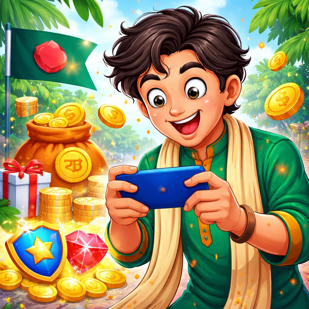 Cartoon Bangladeshi mobile gamer celebrating rewards on a smartphone