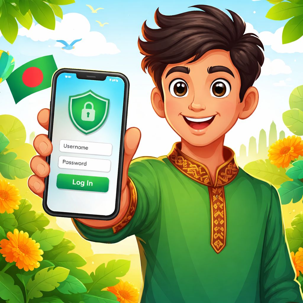 অ্যাপ আইকন এবং ঢাল প্রতীক সহ কার্টুন মোবাইল ব্যবহারকারী নিরাপদে fbajee তে লগইন করছে