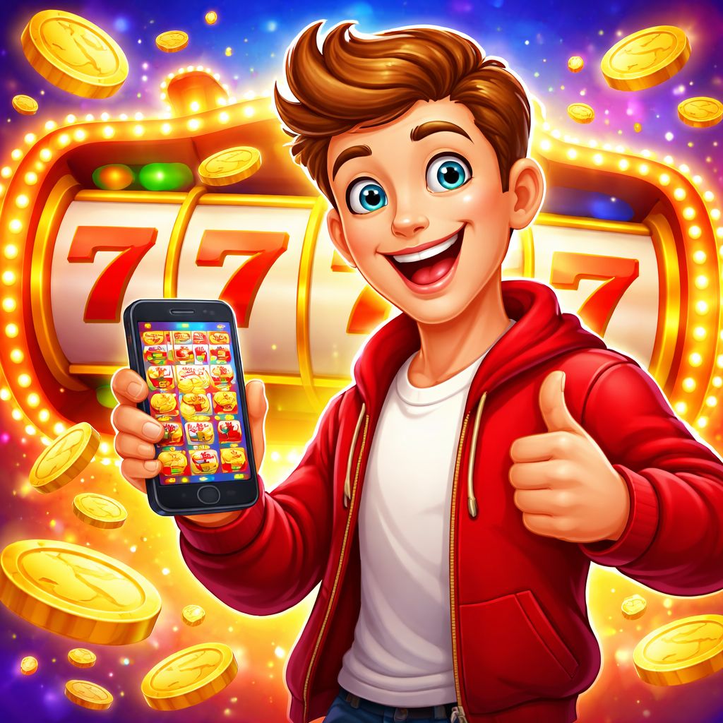 Cartoon slot player celebrating a win with coins and a smartphone